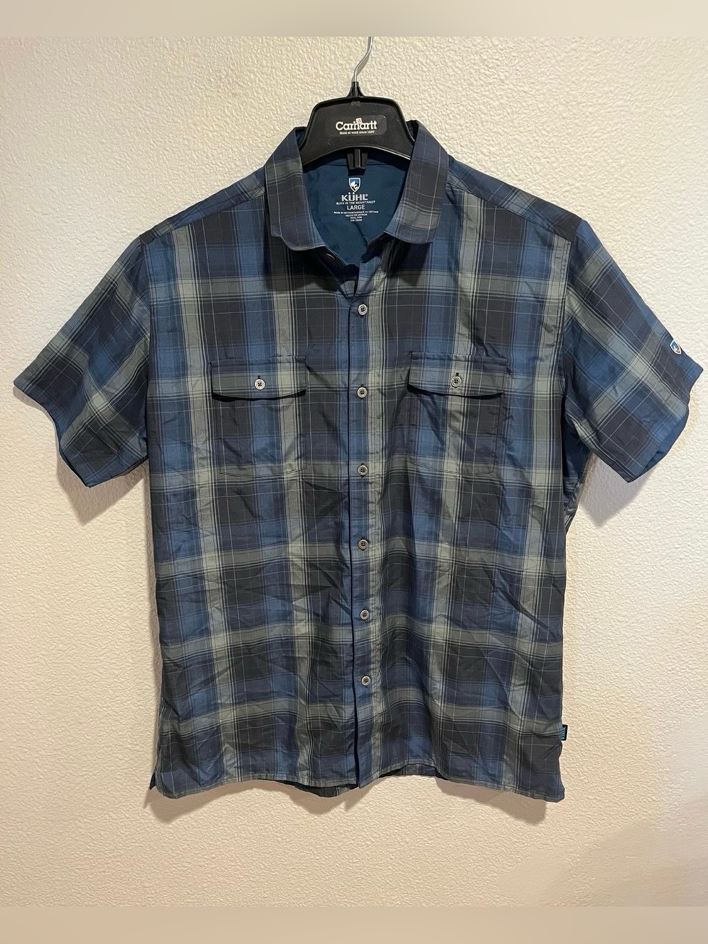 Kuhl Men’s Response Button Up Shirt Blue Grey Plaid Size Large